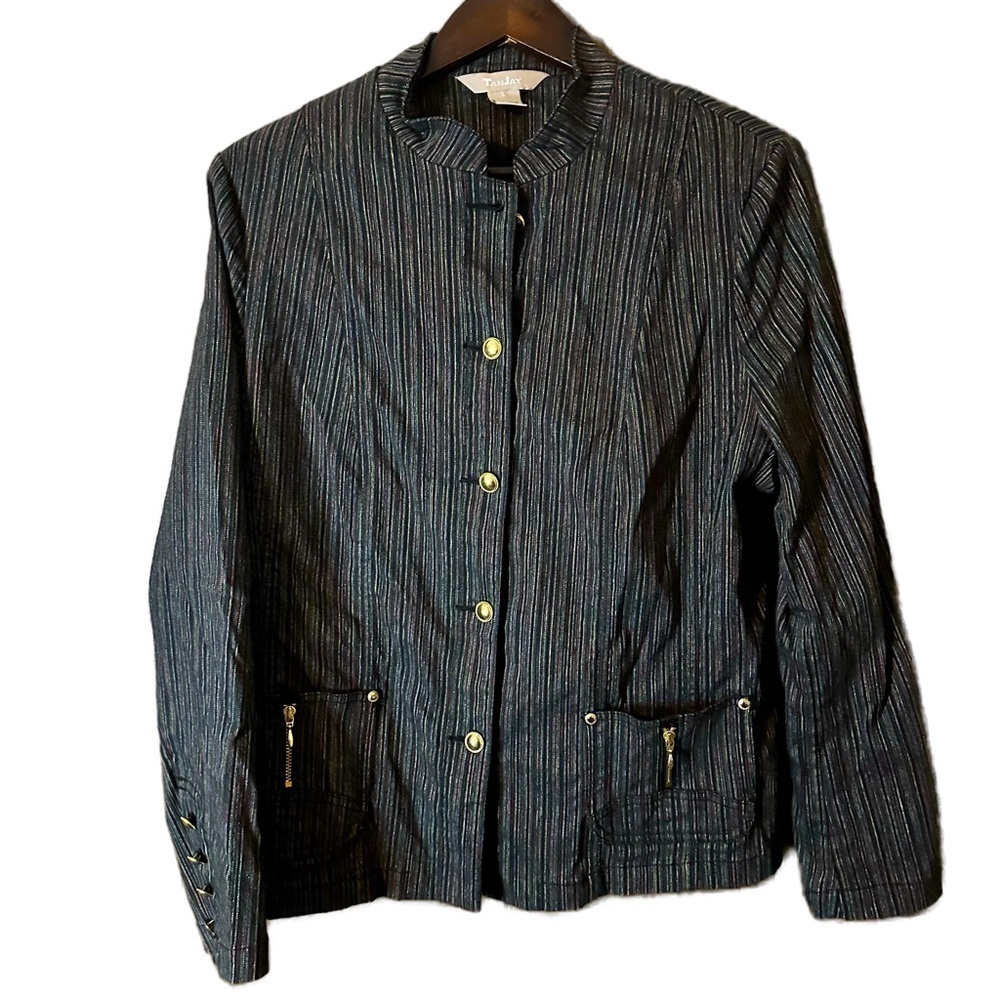 TANJAY Women's Blue Space Dye Multi-Color Button Down Jacket Long Sleeve Sz 14